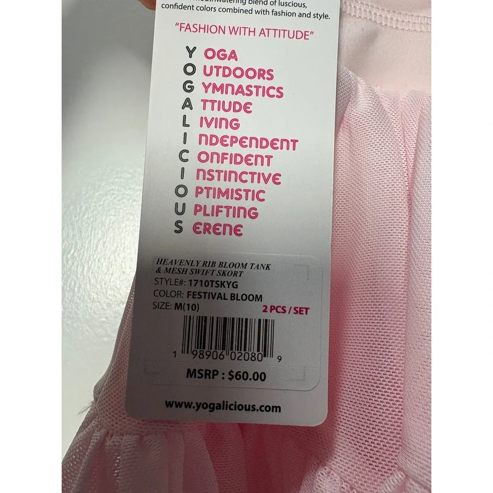 Yogalicious NWT Girls 2pc Set Rib Tank Mesh/Skort Pink Festival Bloom M/10